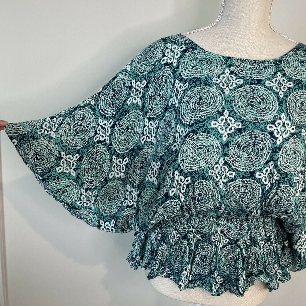 World Market Bohemian Hippie Geometric Smocked Waist Poncho Blouse Green Small - Picture 5 of 12